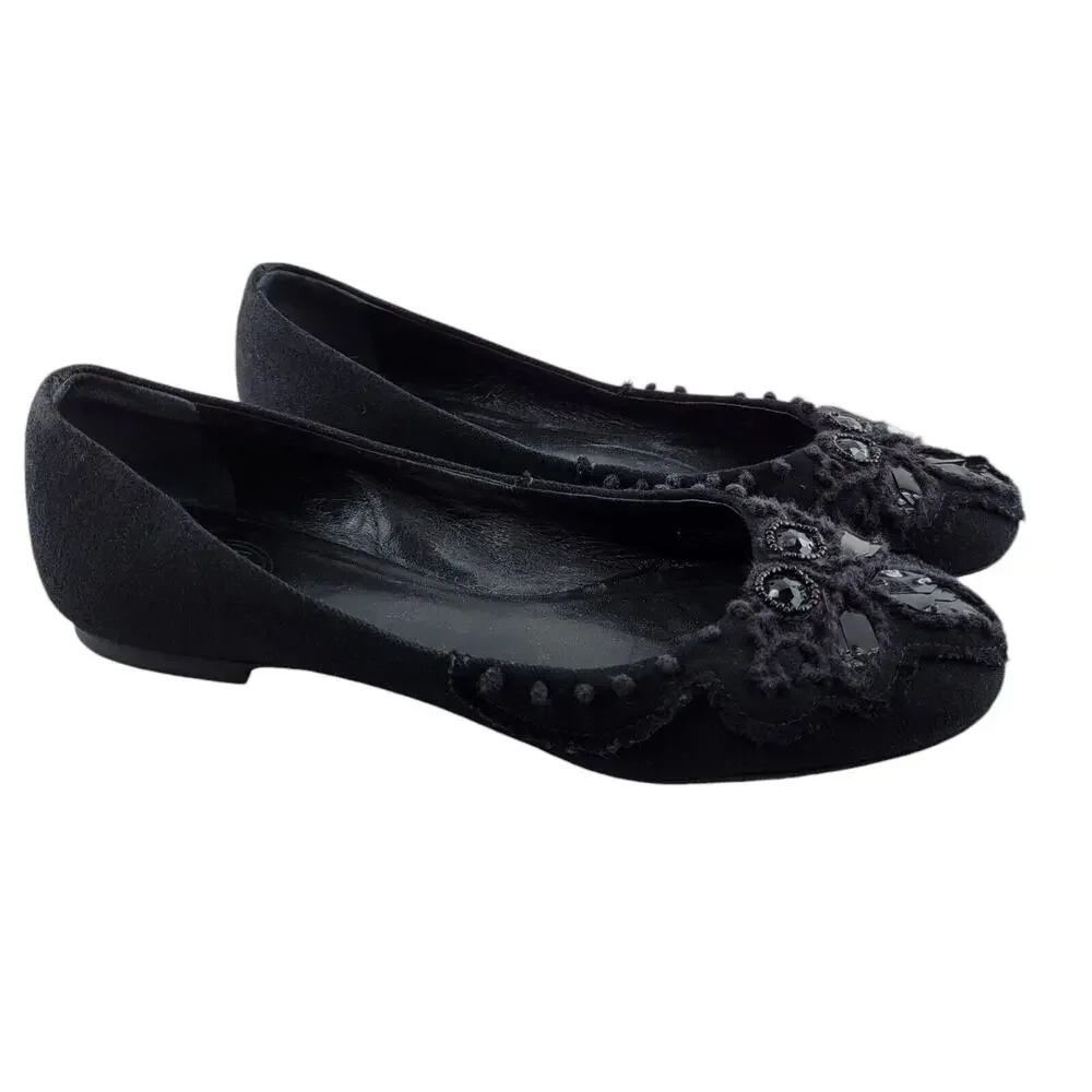 Tory Burch Ballet Flats Womens 7‎ Black Fabric Crochet Large Jewel Detail Preppy
